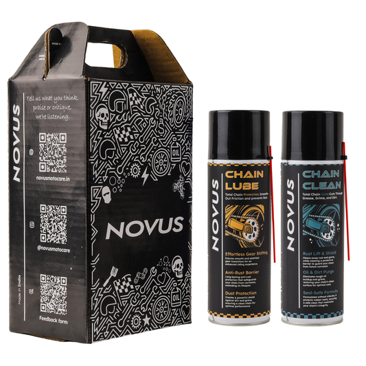 NOVUS motorcycle care products including a box, chain lube, and chain clean spray cans on a white background.