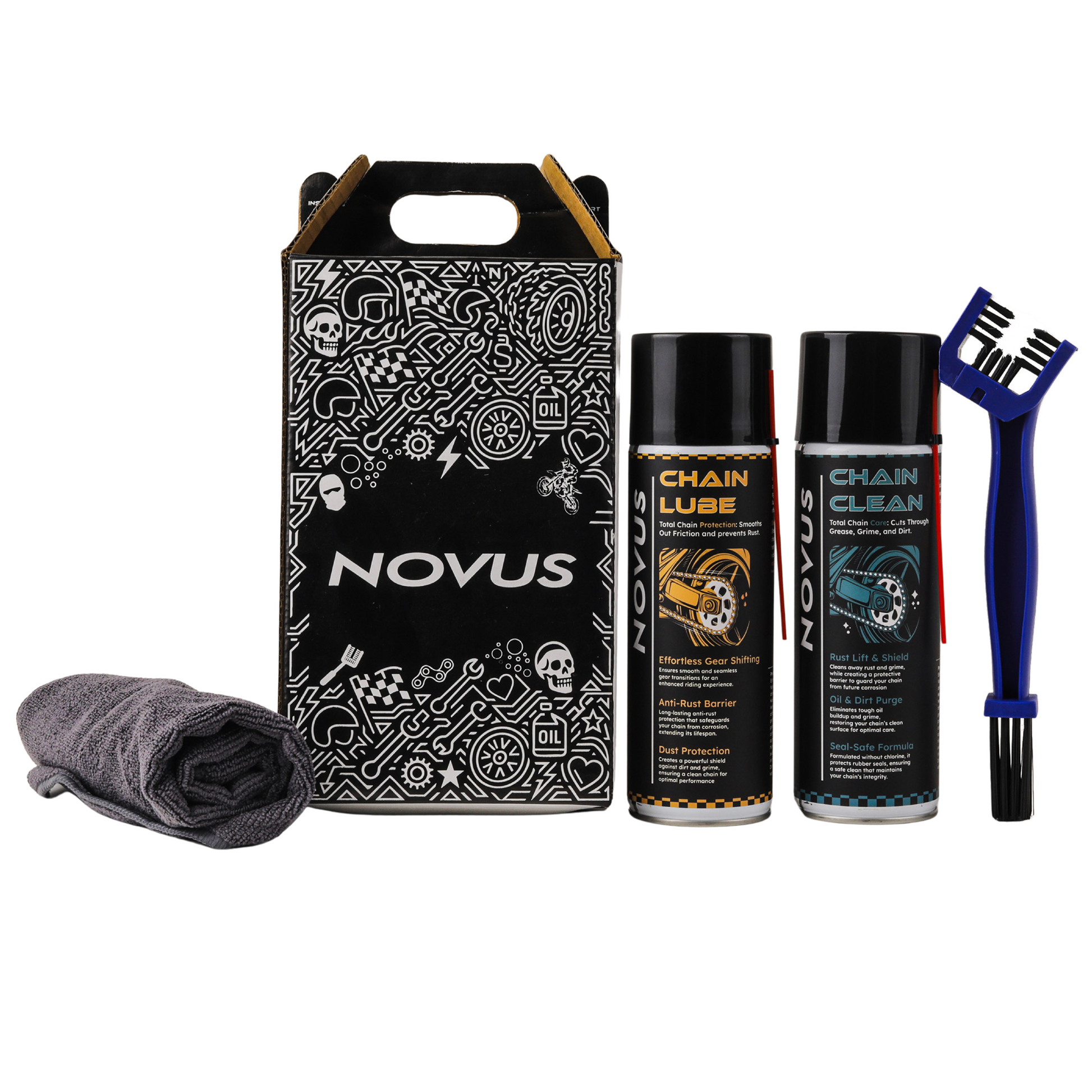 Novus chain maintenance kit with chain lube, cleaner, and cleaning brush on a white background