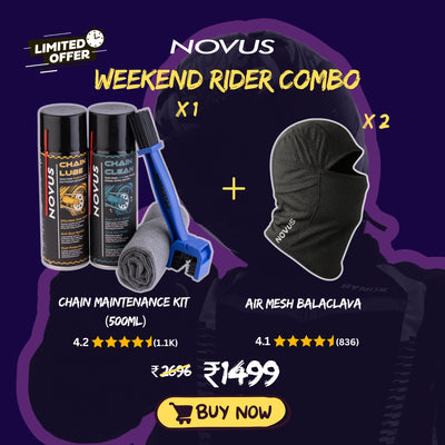 Novus Weekend Rider Combo with chain maintenance kit and air mesh balaclava on a dark background